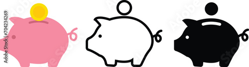 Piggy bank icon set. Piggybank with falling coins. Baby pig in different style. Pig silhouette. Financial independence. Money box symbol flat style stock vector. isolated on transparent background,