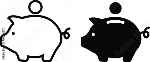 Piggy bank icon set. Piggybank with falling coins. Baby pig piggy bank. Pig silhouette. Financial independence. Money box symbol flat style stock vector. isolated on transparent background,