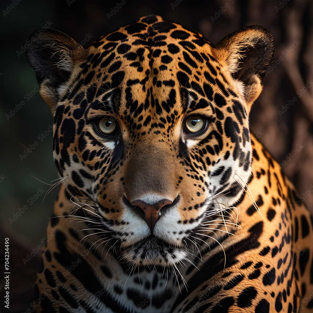 Obraz premium This close-up portrait reveals the powerful presence and intricate details, showcasing the captivating beauty and strength of a jaguar.