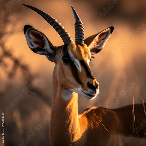 This close-up portrait captures the poised elegance and intricate features, showcasing the alert and graceful nature of an impala.