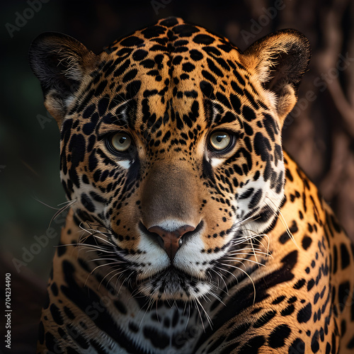 This close-up portrait reveals the powerful presence and intricate details, showcasing the captivating beauty and strength of a jaguar.