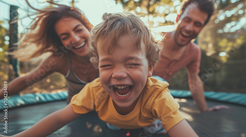 Happy Family Joyfully Playing on a Trampoline in Bonding Moments photo