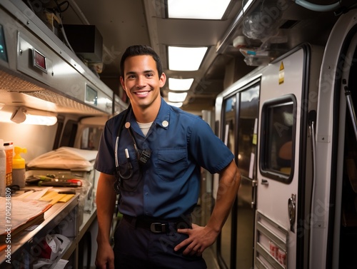 Hispanic male paramedic smiling in an ambulance photo