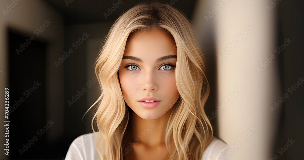 Beautiful blonde girl, closeup face. Beautiful brunette woman, portrait closeup. Face of sensual woman with blue eyes. Beauty face. Model girl with curly hairstyle. Woman face close up. Beautiful blonde girl, closeup face. Beautiful brunette woman, portrait closeup. Face of sensual woman with blue eyes. Beauty face. Model girl with curly hairstyle. Woman face close up.