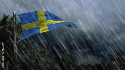 flag of Sweden with rain and dark clouds, shower rains symbol - nature 3D rendering photo