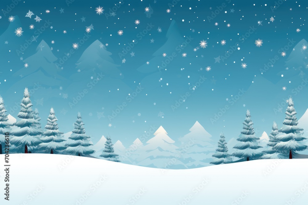 Illustration of winter snowy landscape with Christmas trees. Copy space.