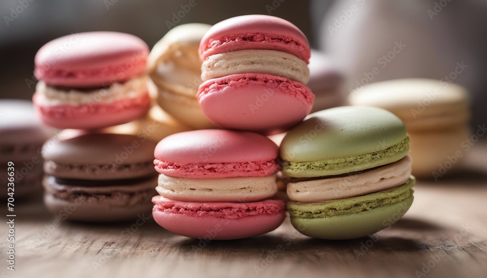 Fototapeta premium Colorful macaroons on a wooden background. Selective focus.