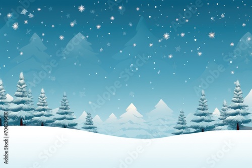 Illustration of winter snowy landscape with Christmas trees. Copy space. © P