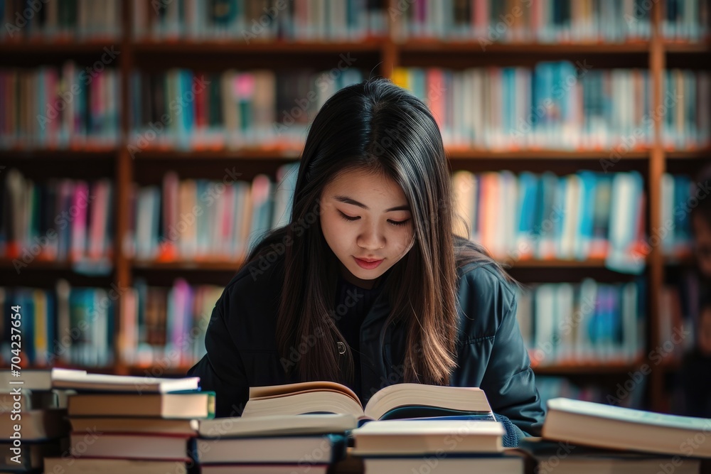 Asian young woman studying in a library surrounded by books. Asian young woman studying in a library surrounded by books.