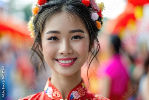 Asian young woman participating in a vibrant traditional street parade.