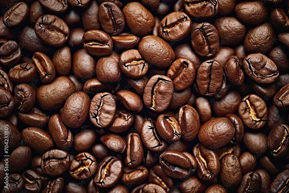 Energetic macro view of dark coffee beans forming beautiful background with mocha undertones representing aromatic awakening of breakfast energies in gourmet coffee composition Energetic macro view of dark coffee beans forming beautiful background with mocha undertones representing aromatic awakening of breakfast energies in gourmet coffee composition