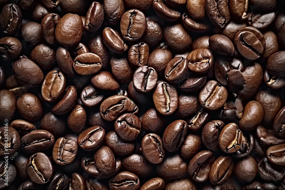 Obraz premium Energetic macro view of dark coffee beans forming beautiful background with mocha undertones representing aromatic awakening of breakfast energies in gourmet coffee composition