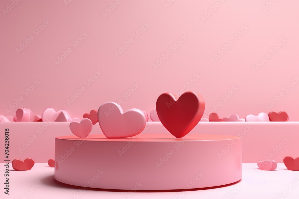 A podium, a stage with hearts for advertising a product for Valentines Day holiday.