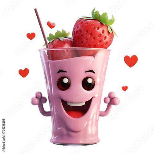 Cartoon character, a strawberry shake glass with funny eyes. Ideal for promoting refreshing beverages and adding playfulness to culinary visuals. photo