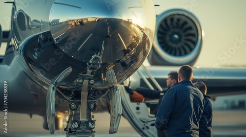 technicians are checking the engine of a private jet on the airport runway during the day
