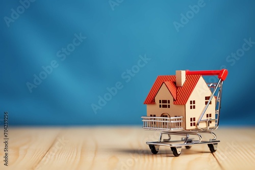 A small house in a shopping cart with copy space. Concept of buying real estate