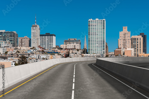 Empty urban asphalt road exterior with city buildings background. New modern highway concrete construction. Concept way to success. Transportation logistic industry fast delivery. San Francisco. USA. © VideoFlow