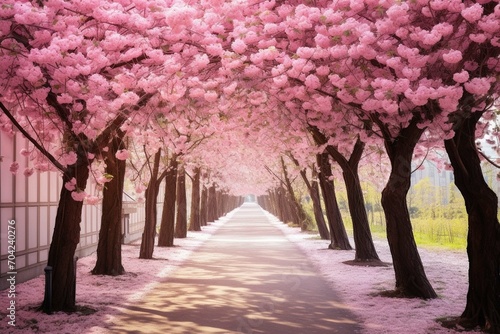 Beautiful pink flowering cherry tree avenue in Holzer, Magdeburg, Saxony-Anhalt, Germany, footpath under sunny arch of cherry blossoms