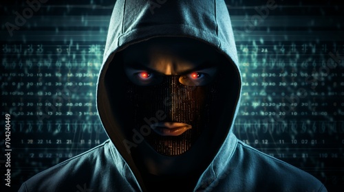 A menacing masked man in a dark hoodie with glowing red eyes photo