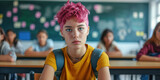 Groupmates bullying at sad girl with pink hair in school classroom, upset and stressed female student bullied by classmates in college. Being different standing out of crowd discrimination concept