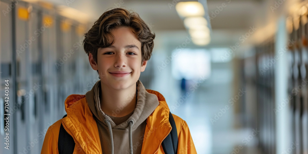 Fototapeta premium A happy small elementary school student boy with a schoolbag at school, in a dressing room locker hallway smiling looking into camera. Enjoying education concept. Copy paste empty place for text