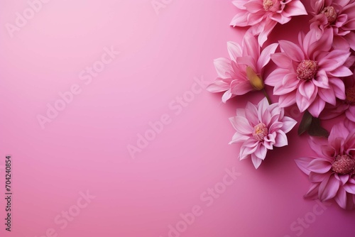 Colorful flowers on pink background with copy space. Greeting card template.