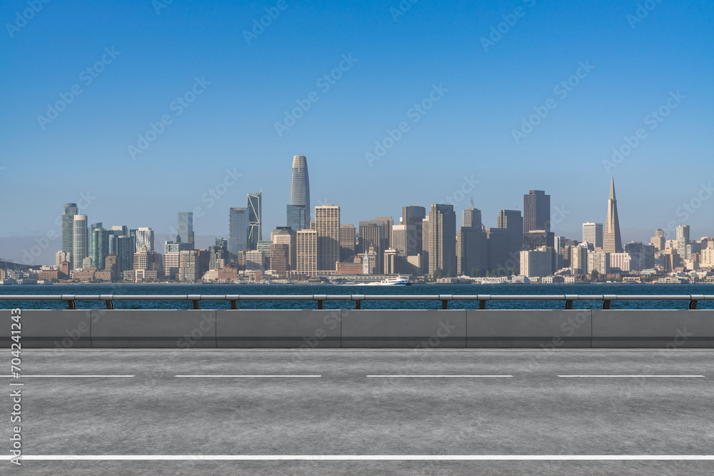 Empty urban asphalt road exterior with city buildings background. New modern highway concrete construction. Concept way to success. Transportation logistic industry fast delivery. San Francisco. USA. - obrazy, fototapety, plakaty 