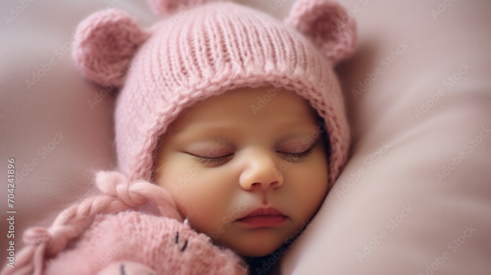 Close-up of sleeping newborn baby girl in pink knitted bear hat. Studio professional portrait, photo shoot. New life, family and children concepts. Close-up of sleeping newborn baby girl in pink knitted bear hat. Studio professional portrait, photo shoot. New life, family and children concepts.