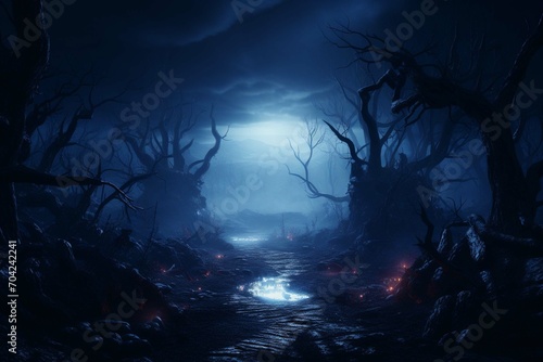 Haunted forest in full moon night with spooky fog and lights, dark blue nature fantasy background for halloween, moonshine party or lantern festival