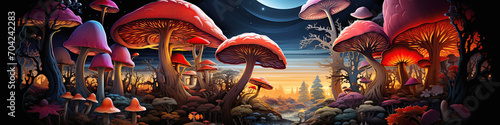 psychodelic poisonous hallucinogenic mushrooms fly agarics amanita toadstool in fairy tale forest at night