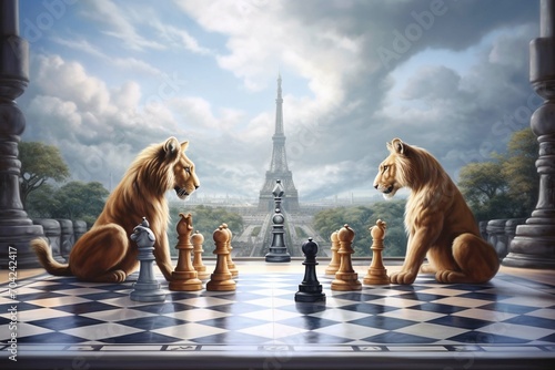 Lions play game chess oil painting city Paris Eiffel tower background texture, in the style of soft, muted colors, soft and dreamy depictions, elegant, painted style, acrylic, decorative painting, oil