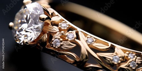 Realistic diamond golden ring photography a fashionable jewel Gold ring with diamond Shiny gold wedding ring with diamond gemstone generated by artificial intelligence.AI Generative