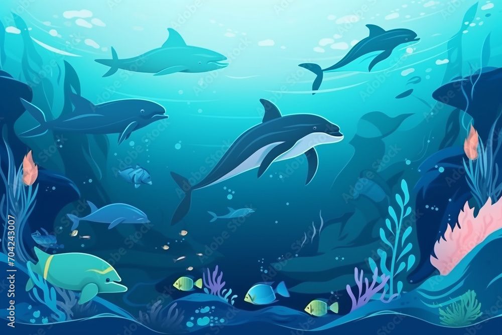 Fototapeta premium illustration of underwater world concept, Cute sea fishes ocean underwater animals. silhouette of coral reef with fish on blue sea. Deep Blue Whale