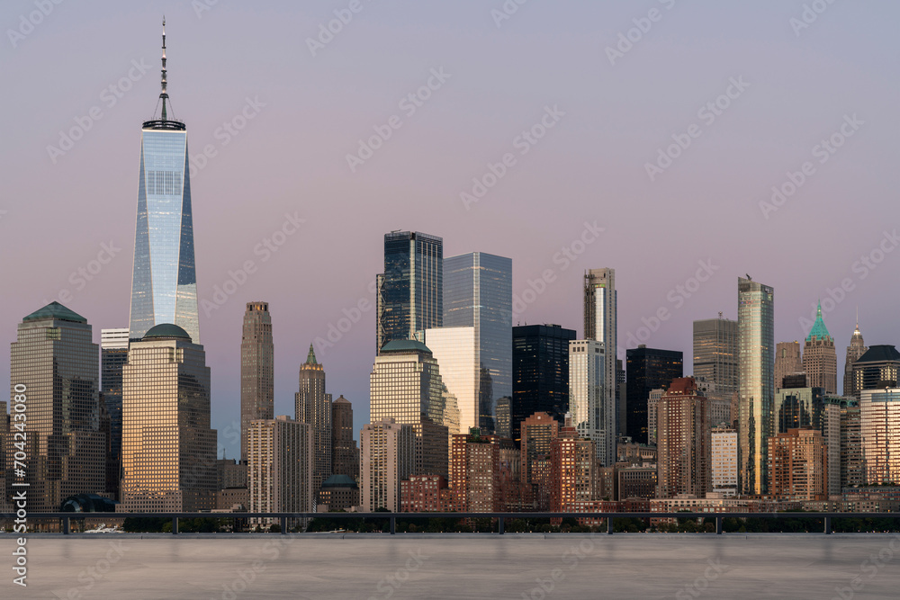 Fototapeta premium Skyscrapers Cityscape Downtown, New York Skyline Buildings. Beautiful Real Estate. Sunset. Empty rooftop View. Success concept.
