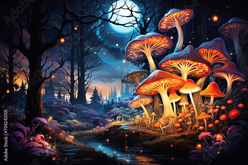 fairy tale magic forest with poisonous hallucinogenic mushrooms fly agarics amanita toadstool at night under the moon. Psychedelic banner