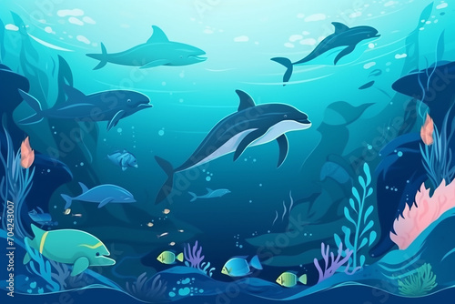 illustration of underwater world concept, Cute sea fishes ocean underwater animals. silhouette of coral reef with fish on blue sea. Deep Blue Whale © Anastasiia