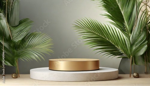 Botanical Brilliance: 3D Podium with Palm Leaf Accents © Dostain