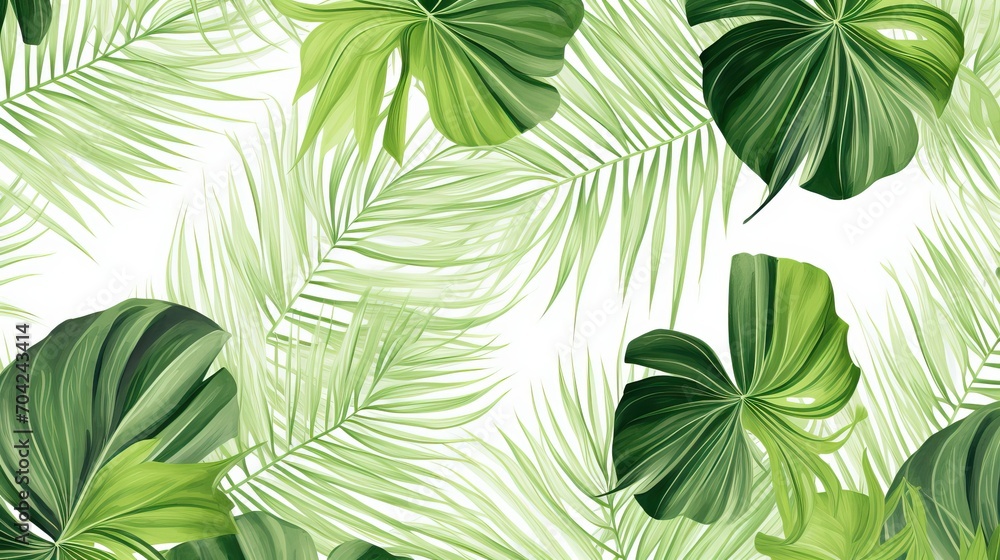 Fototapeta premium Seamless pattern with tropical leaves, illustration, Tropical palm leaves, Tropical seamless background pattern, Tropical monstera palm green pattern on a white background.