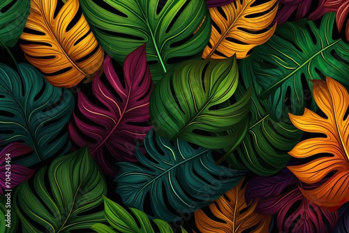 Wallpaper Mural Philodendron Leaf Seamless Pattern, Seamless pattern with monstera leaves, illustration in bright colors, Collage contemporary floral seamless pattern background Torontodigital.ca
