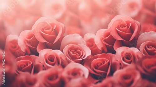 Pink roses background. Pastel red floral backdrop with soft blurred focus. Valentine s Day  Women s Day  wedding  love  romance concept. For wallpaper  poster  greeting card