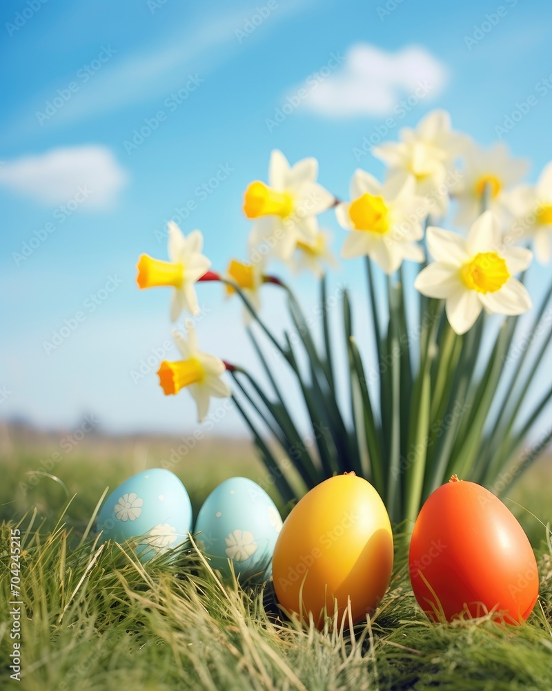 Easter eggs and daffodil flower on meadow, copy space - generative ai