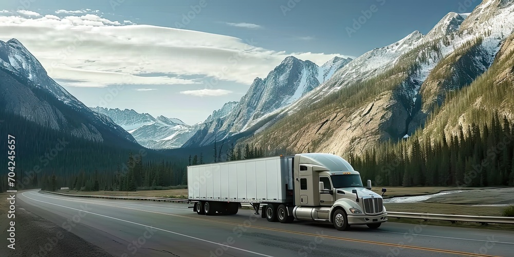 Highway horizon hustle. Dynamic sunset view of american cargo truck in motion illustrating fast paced world of industrial transportation perfect for conveying business logistics travel concepts