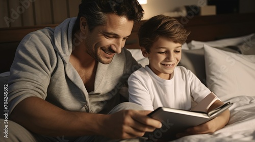 Father and son reading a book together