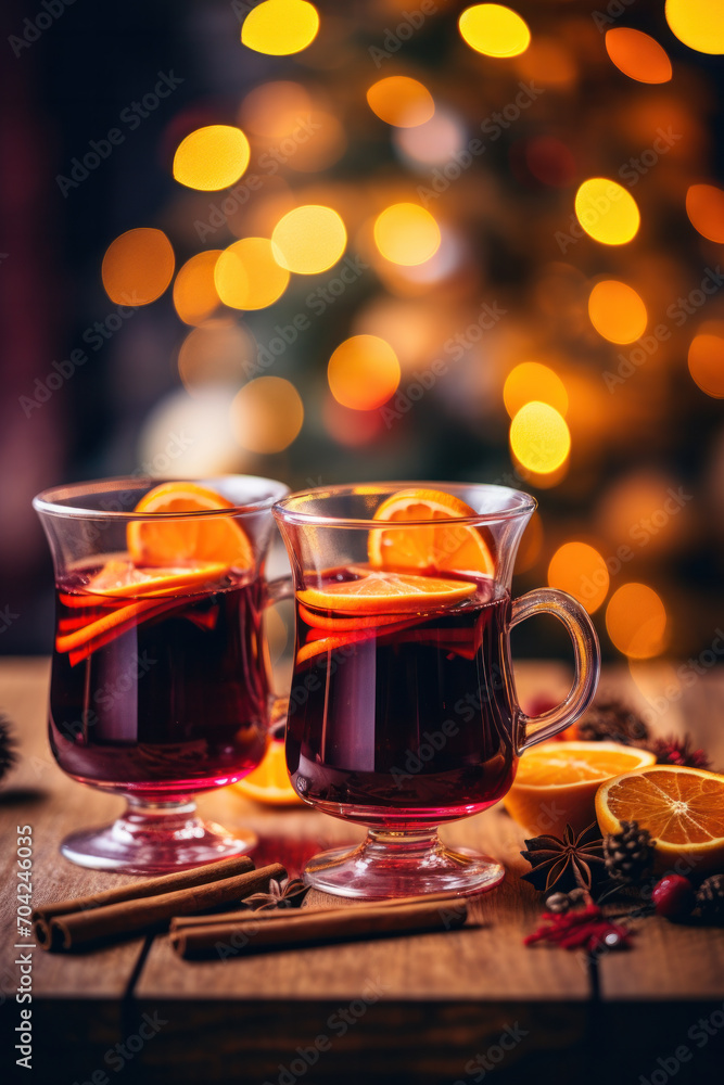 Hot spicy Christmas gluhwein, or mulled red wine with sugar and spices, served with cookies on rustic wood with a twinkling bokeh of party lights in background Hot spicy Christmas gluhwein, or mulled red wine with sugar and spices, served with cookies on rustic wood with a twinkling bokeh of party lights in background