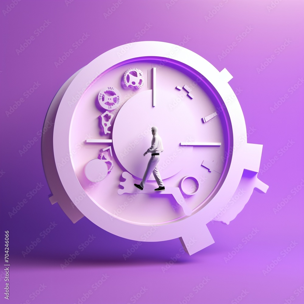 Businessman walking on clock gears Businessman walking on clock gears