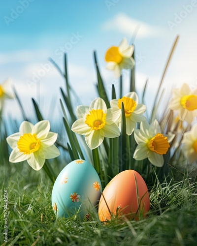 Easter eggs and daffodil flower on meadow  copy space - generative ai
