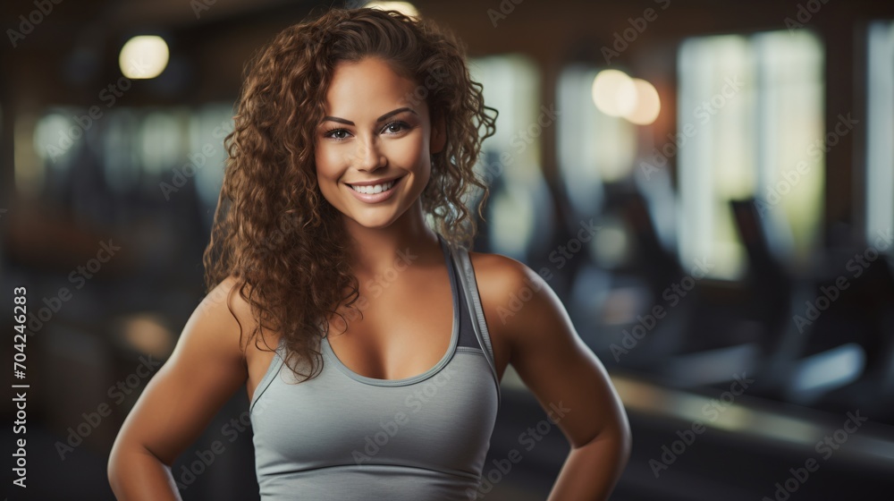 Portrait of a smiling young woman in a gray tank top standing in a gym