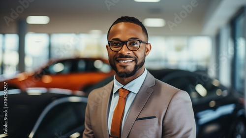 Black car salesman standing in a car dealership © duyina1990