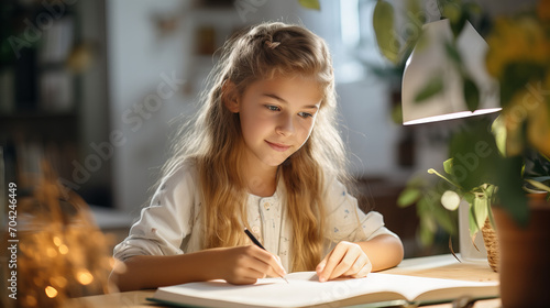 Focused Young Girl Writing in Notebook, young girl with blonde hair focused on writing in her notebook, illuminated by warm indoor light, conveying a sense of concentration and education © Viktorikus