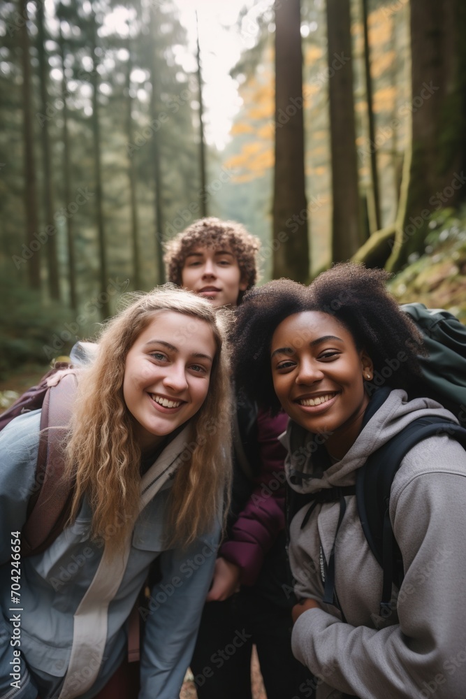 Three happy hikers in the woods Three happy hikers in the woods